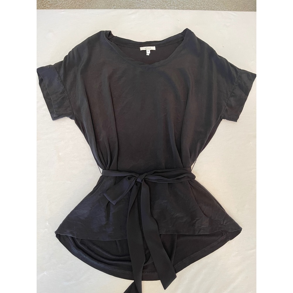 Reiss Bonn Black Silk Front Belted Top Short Sleeve Blouse Size M